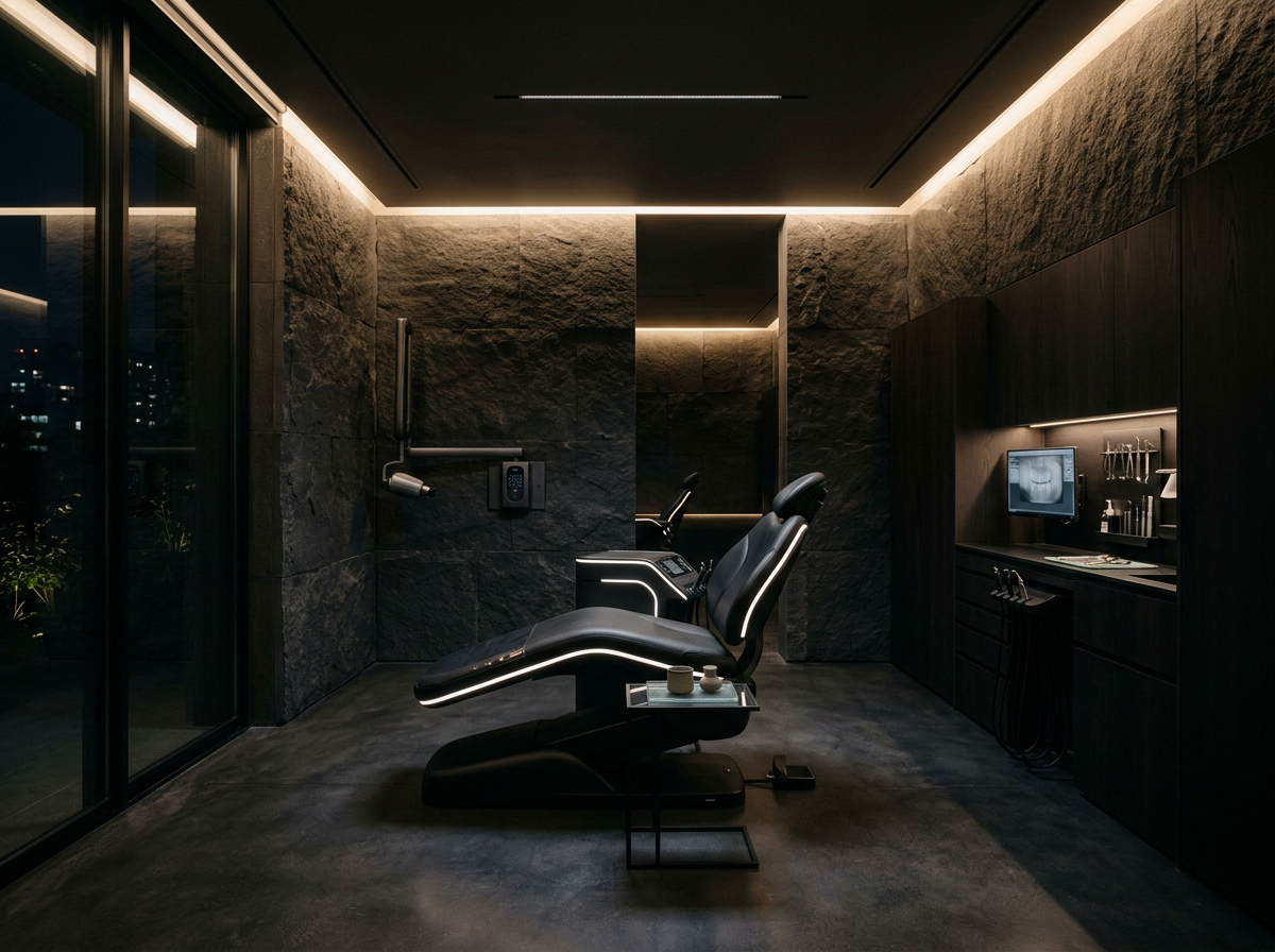 Minimal dental clinic interior with dark stone walls