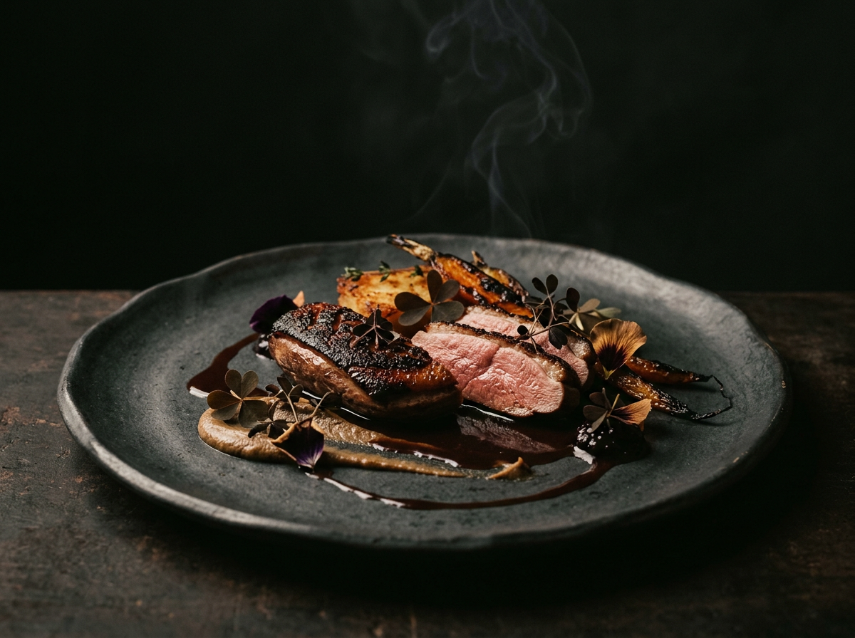 Plated fine dining dish under dramatic side light