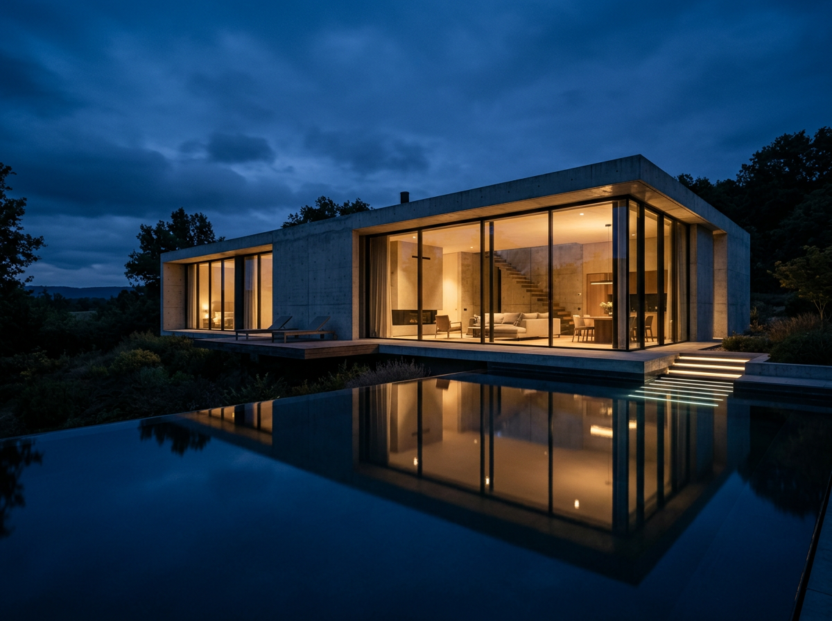 Modern concrete and glass home at blue hour